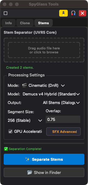 Stems separation screenshot